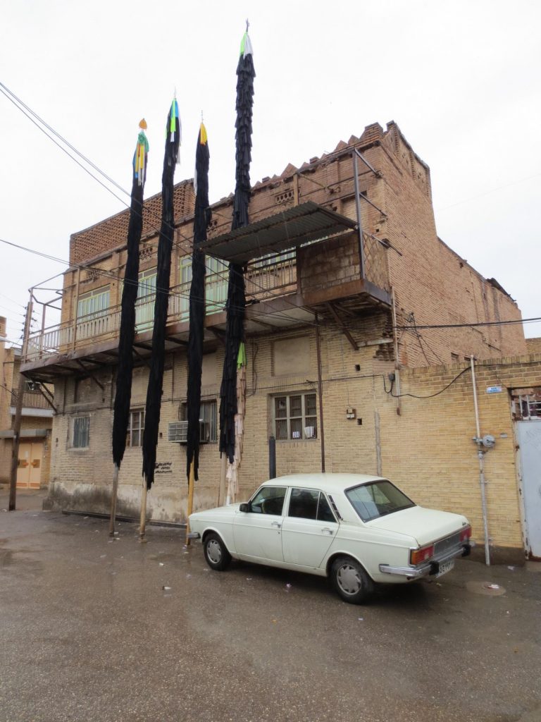 On the day of the commemoration of Ashura, alams are carried to various locations in Dezful and left on display. Some of the shorter alams are made to be held in one’s hand, while the larger ones are built to be carried with special waist supports.