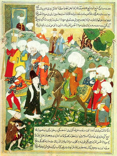 The meeting of Rumi and Shams, as depicted in an Ottoman miniature from 1600.