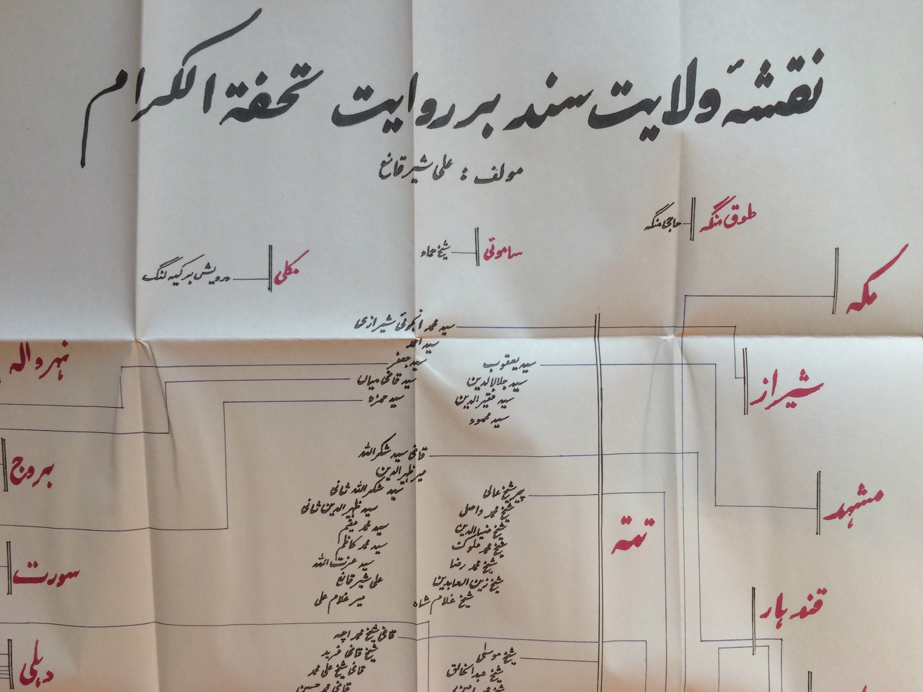 Map of Sindh from the 18th century on exhibit at the opening of Exhausted Geographies. The map depicts the major cities of Sindh utilizing family genealogies, naming towns followed by the various origins of the populations living there.